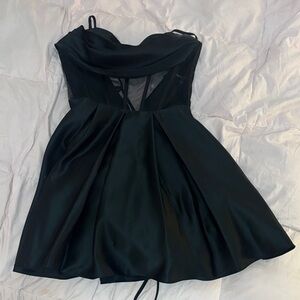 Black Satin Fit-and-Flare Dress with Sheer Bodice